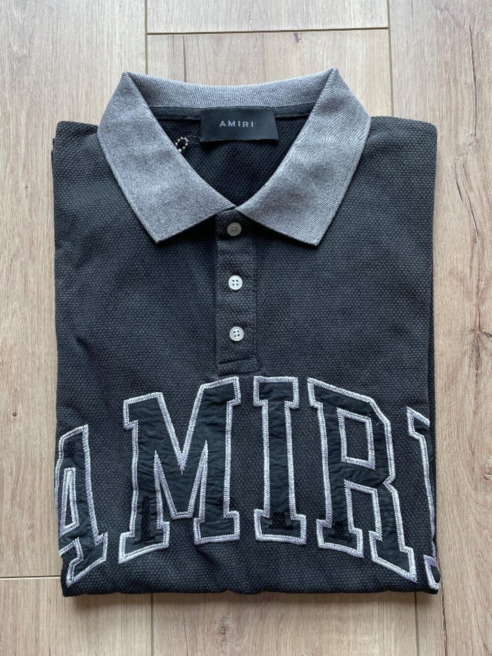 Amiri Logo Polo Shirt Dark Charcoal Gray Short Sleeve Cotton Men's Size L